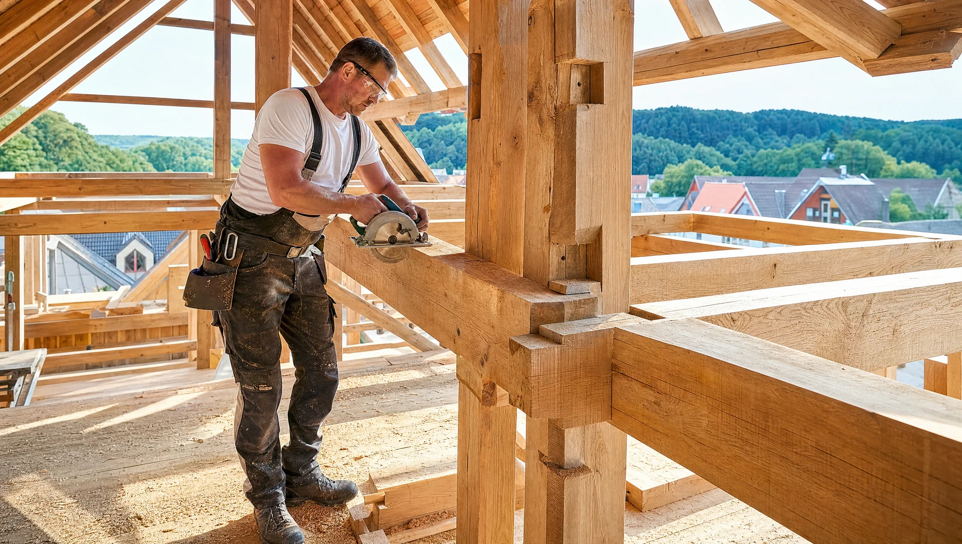 Sichtbarer Dachstuhl mit Sparren und Pfetten in offener Zimmermannskonstruktion
